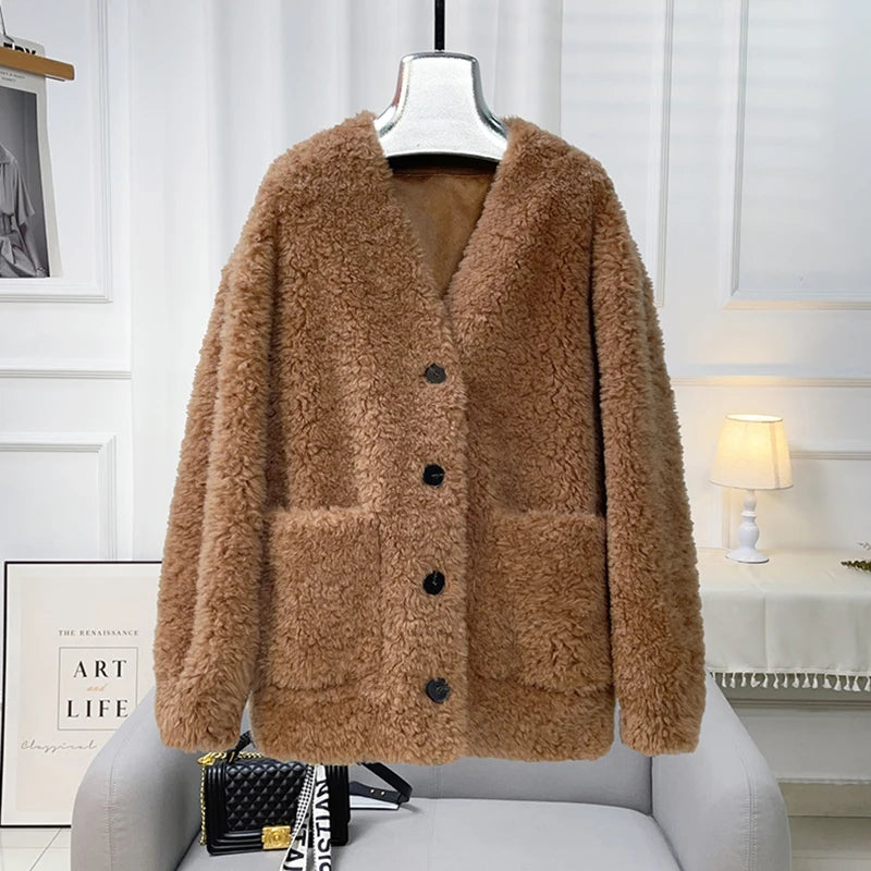 Chaqueta Lana Mujer Natural - Chaqueta Cordero Cuello V Media Largo 2025