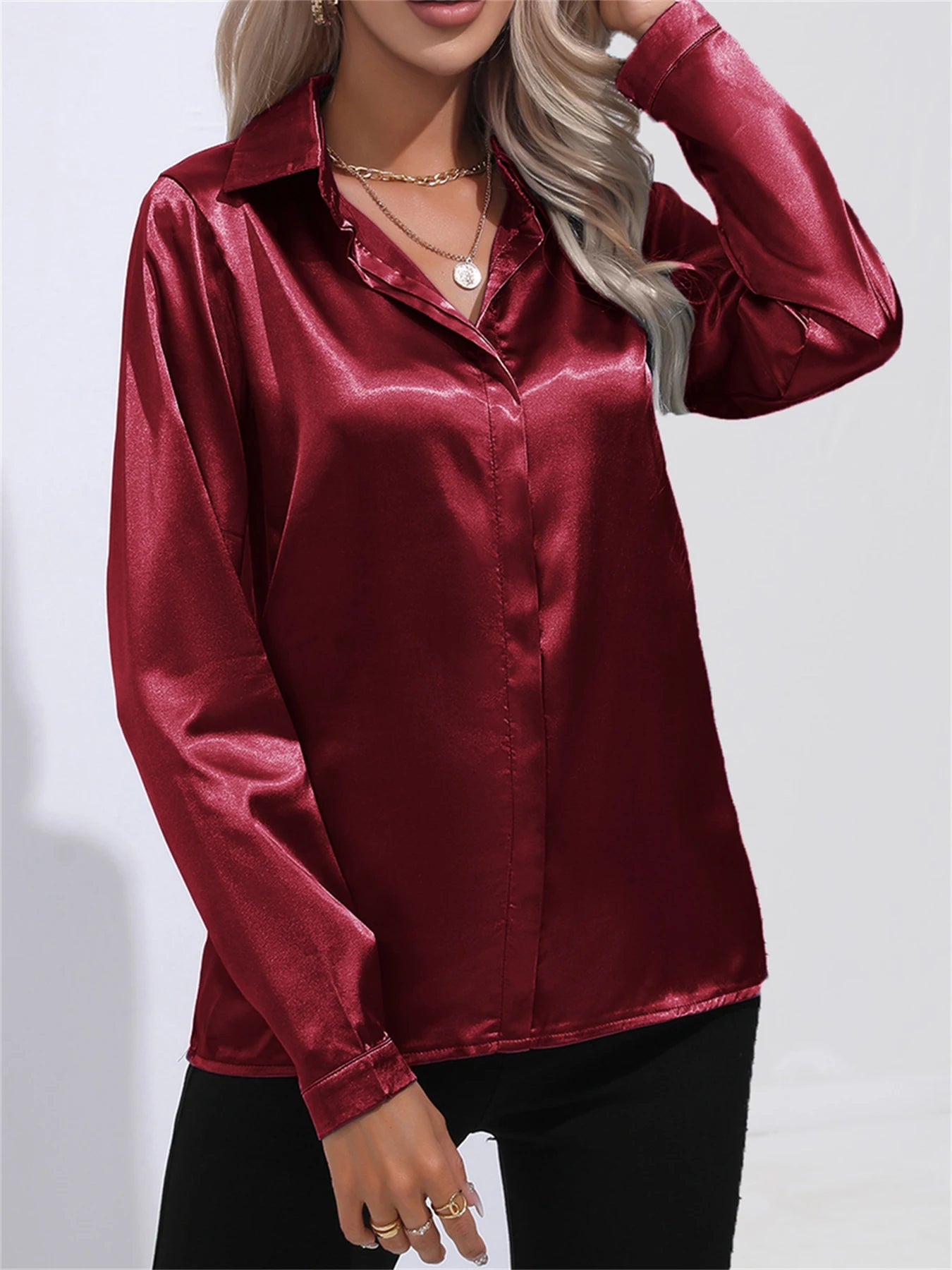 Camisa Satén Mujer Oficina - Blusa Cuello Botón Manga Larga