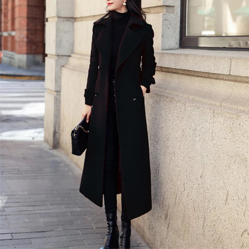 Abrigo Largo Mujer Estilo Coreano - Lana Invierno Negro
