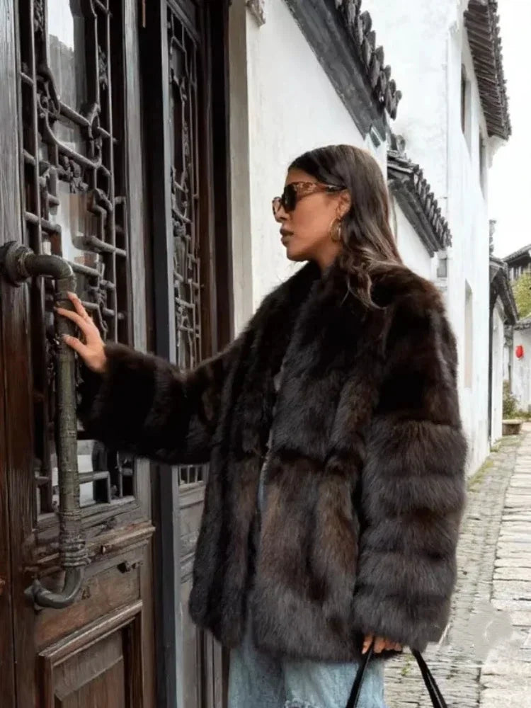 Abrigo Piel Mujer Marrón Medio - Abrigo Solapa Botón Oculto Elegante