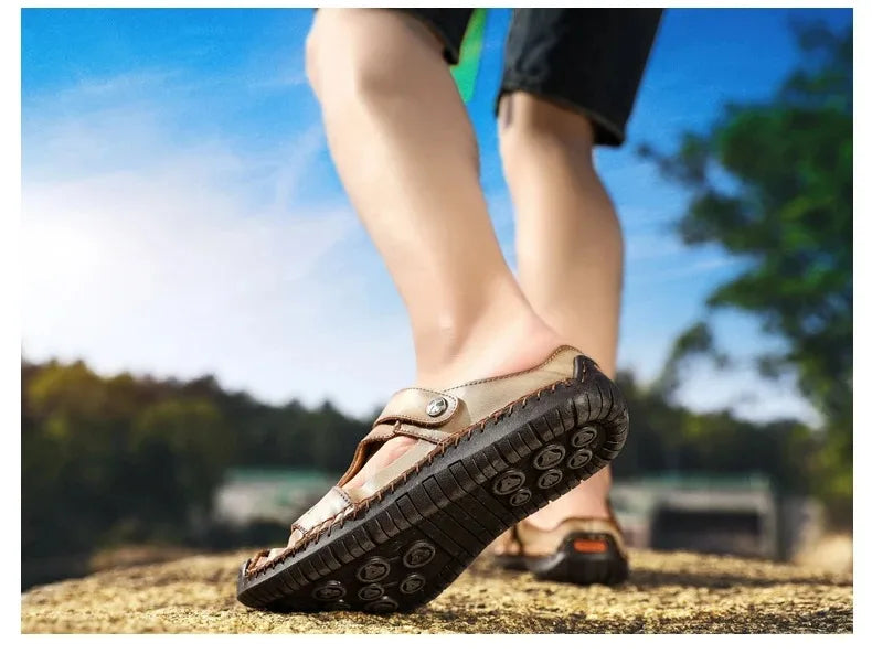 Sandalias Hombre Cuero Verano 2025 - Clásicas Romanas Outdoor Playa Chanclas Goma Trekking
