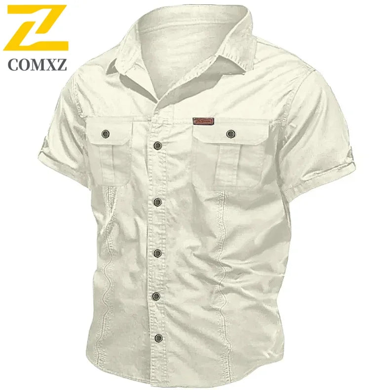 Camisa Hombre Trabajo Cargo 2025 - 100% Algodón Manga Corta Multi-Bolsillos Pesca Caza Verano