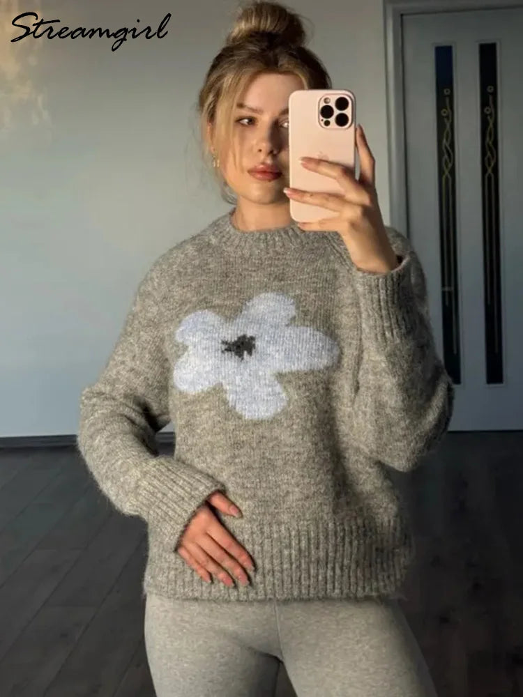 Jersey Mujer Invierno Flores Gris - Punto Holgado Cálido Vintage