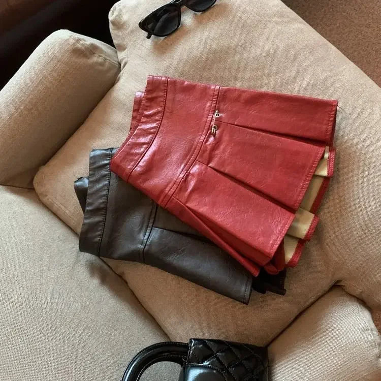 Falda Piel Plisada Mujer Mini - Falda Cuero PU Cintura Alta Roja Negra