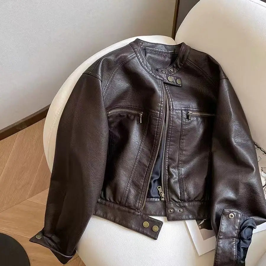 Chaqueta Cuero Mujer Primavera Otoño - Estilo Motociclista Retro