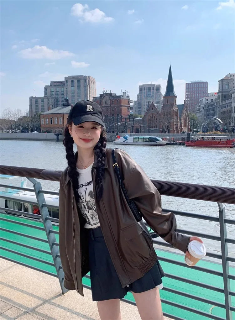 Chaqueta Cuero Mujer Americana - Chaqueta Moto Café Retro 2024