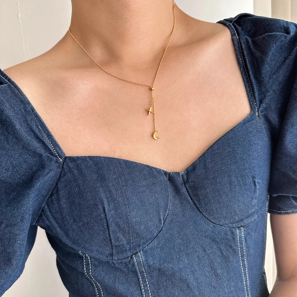 Collar Luna Estrellas Mujer - Acero Inoxidable Dorado Flecos Romántico