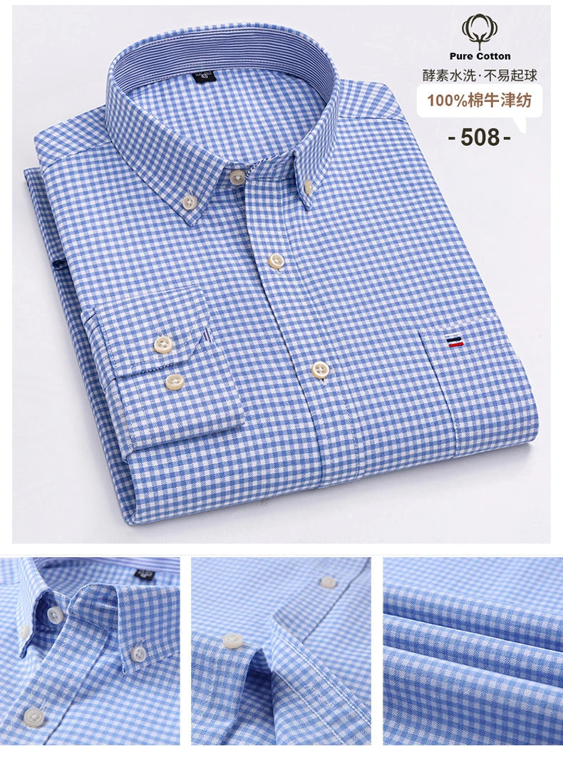Camisa Hombre Oxford 100% Algodón - Manga Larga Rayas Bolsillo Formal Tallas Grandes