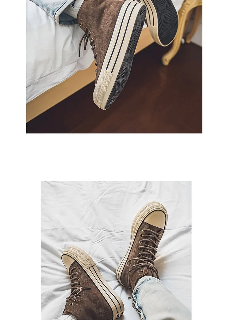 Sneakers Hombre Ante High-Top - Casual Vintage Marrón Botines Tobillo Suela Gruesa Tendencia Cordones