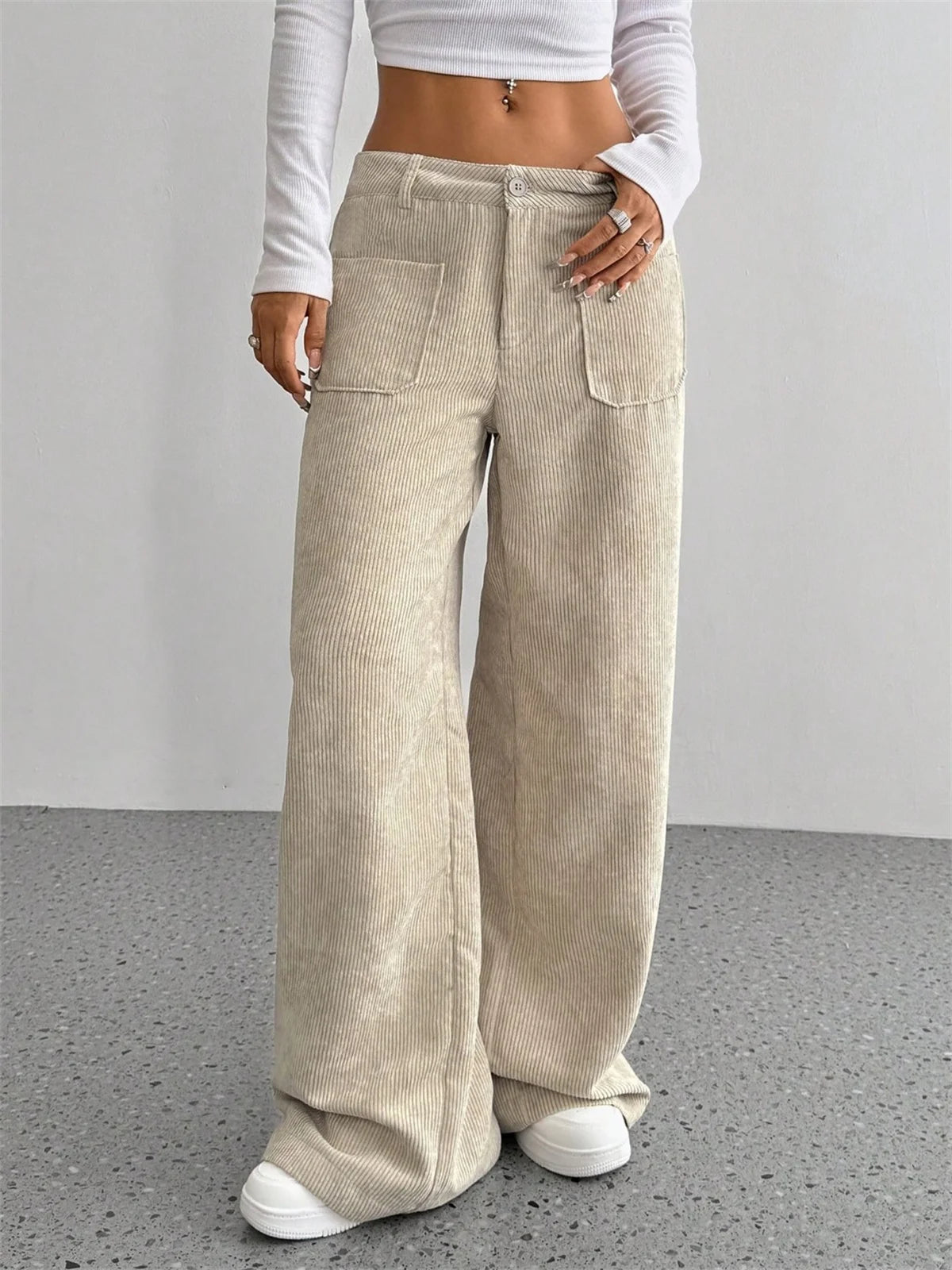 Pantalón Pana Mujer Pierna Ancha - Pantalón Cintura Alta Otoño