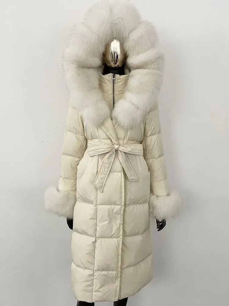 Abrigo Mujer Plumas Pato Piel Mapache - Chaqueta Larga Invierno Lujo