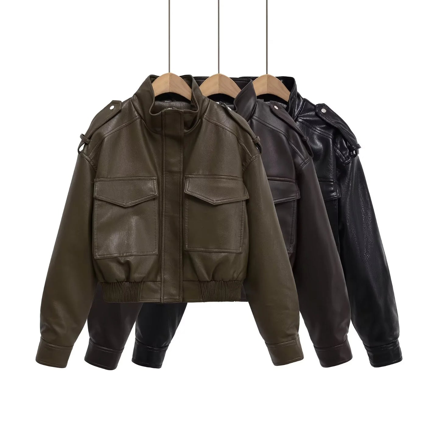 Chaqueta Cuero Mujer Retro Workwear - Chaqueta Bolsillos Cremallera 2025