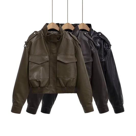 Chaqueta Cuero Mujer Retro Workwear - Chaqueta Bolsillos Cremallera 2025