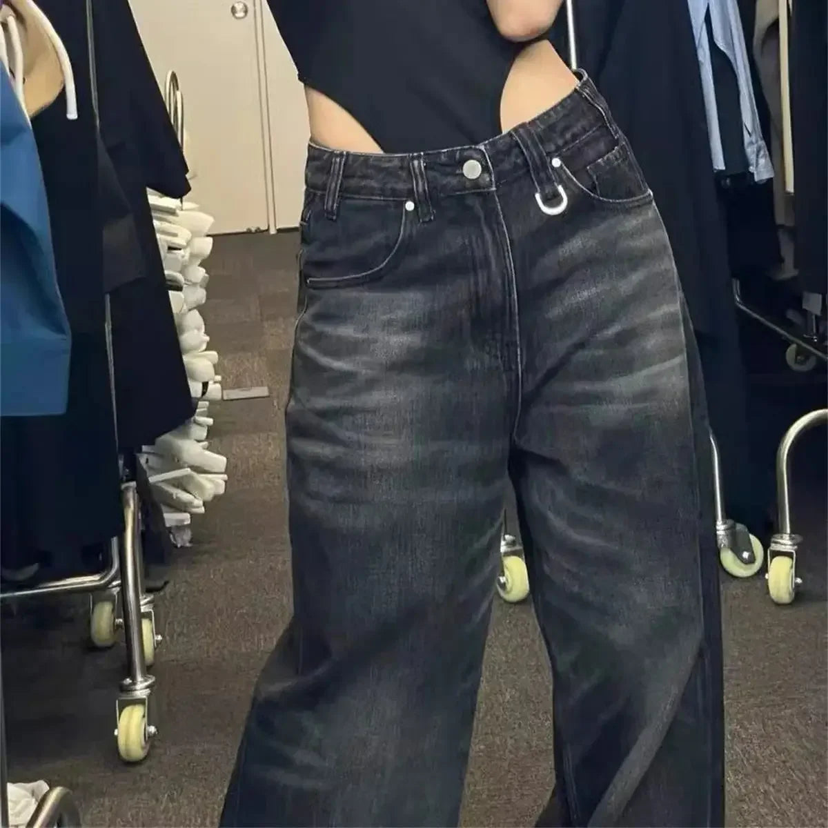 Jeans Vintage Negro Mujer - Pantalones Anchos Cintura Alta Baggy Y2K