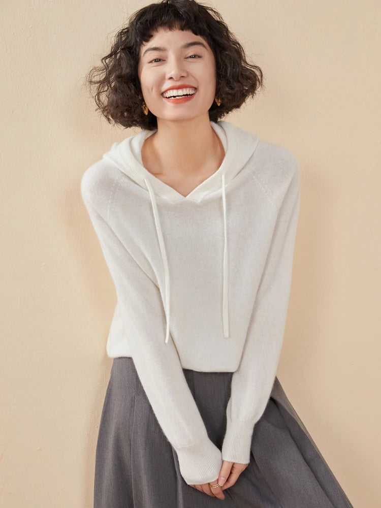 Sudadera Mujer Cashmere Capucha 100% - Pullover Punto Otoño Invierno Lujo