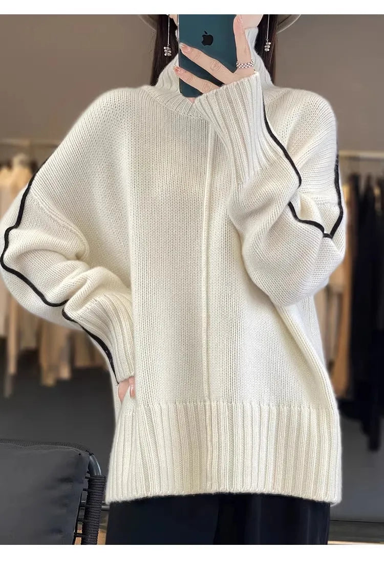 Jersey Mujer Cashmere 100% Cuello Alto - Holgado Grueso Invierno Lujo