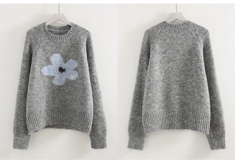 Jersey Mujer Invierno Flores Gris - Punto Holgado Cálido Vintage