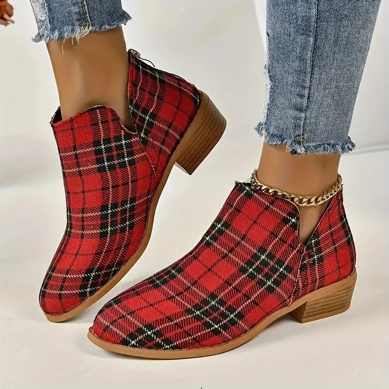 Botas Tobillo Mujer Navidad Cuadros - Chelsea Retro Rojo Plataforma