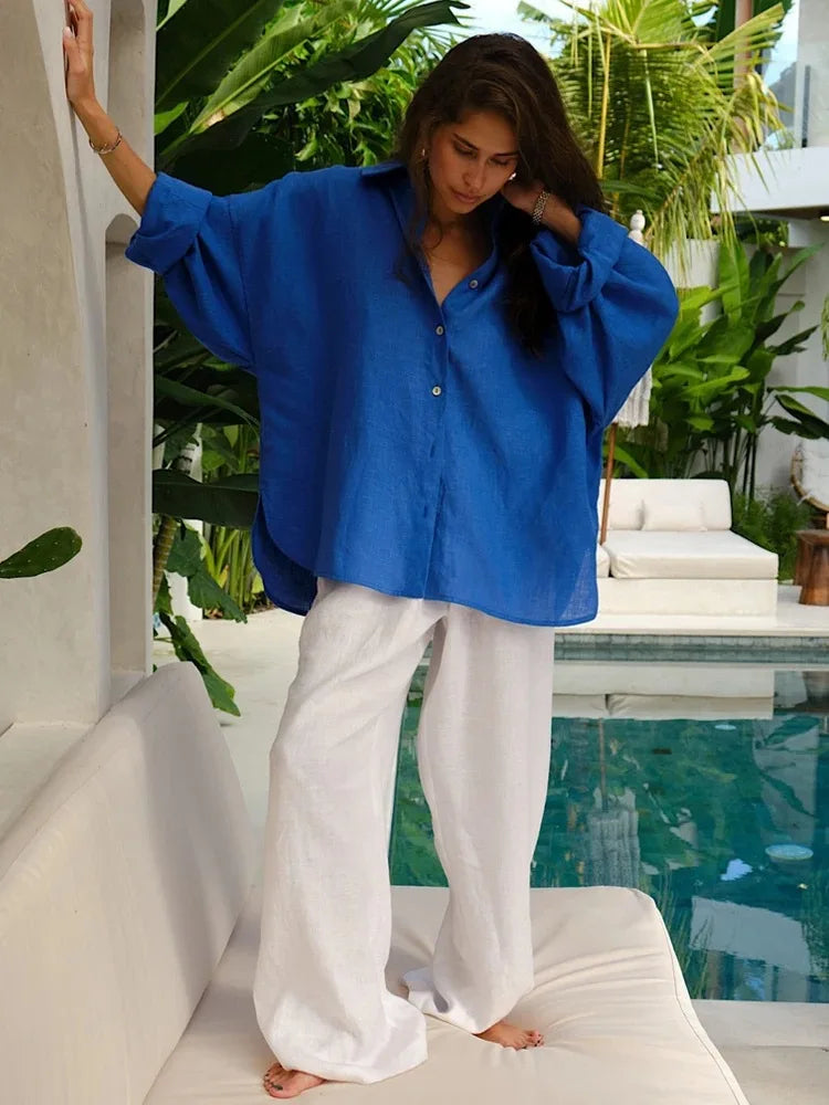 Camisa Mujer Verano Oficina - Blusa Manga Larga Solapa Elegante