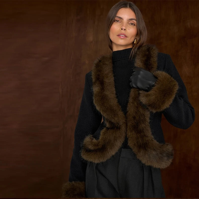 Abrigo Mujer Elegante Cuello Piel - Abrigo Patchwork Slim 2025