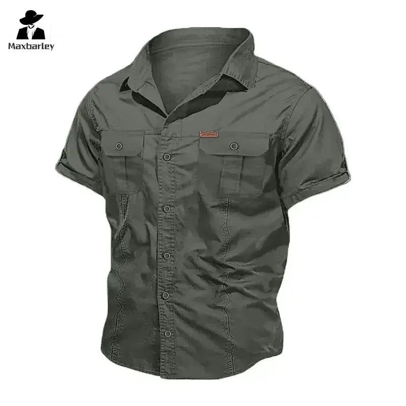 Camisa Hombre Trabajo Cargo 2025 - 100% Algodón Manga Corta Multi-Bolsillos Pesca Caza Verano