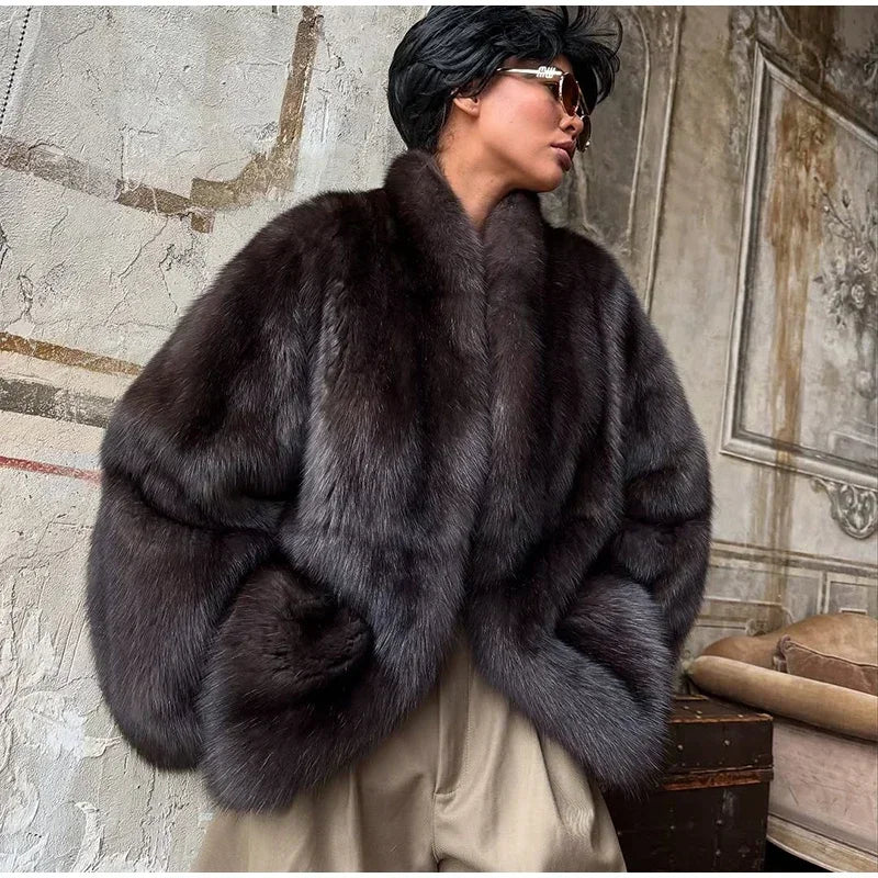 Abrigo Piel Mujer Marrón Medio - Abrigo Solapa Botón Oculto Elegante