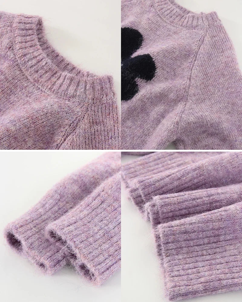 Jersey Mujer Invierno Flores Gris - Punto Holgado Cálido Vintage