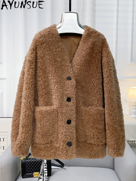 Chaqueta Lana Mujer Natural - Chaqueta Cordero Cuello V Media Largo 2025