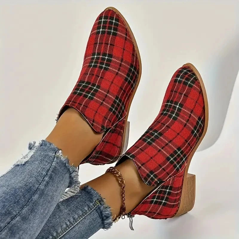 Botas Tobillo Mujer Navidad Cuadros - Chelsea Retro Rojo Plataforma