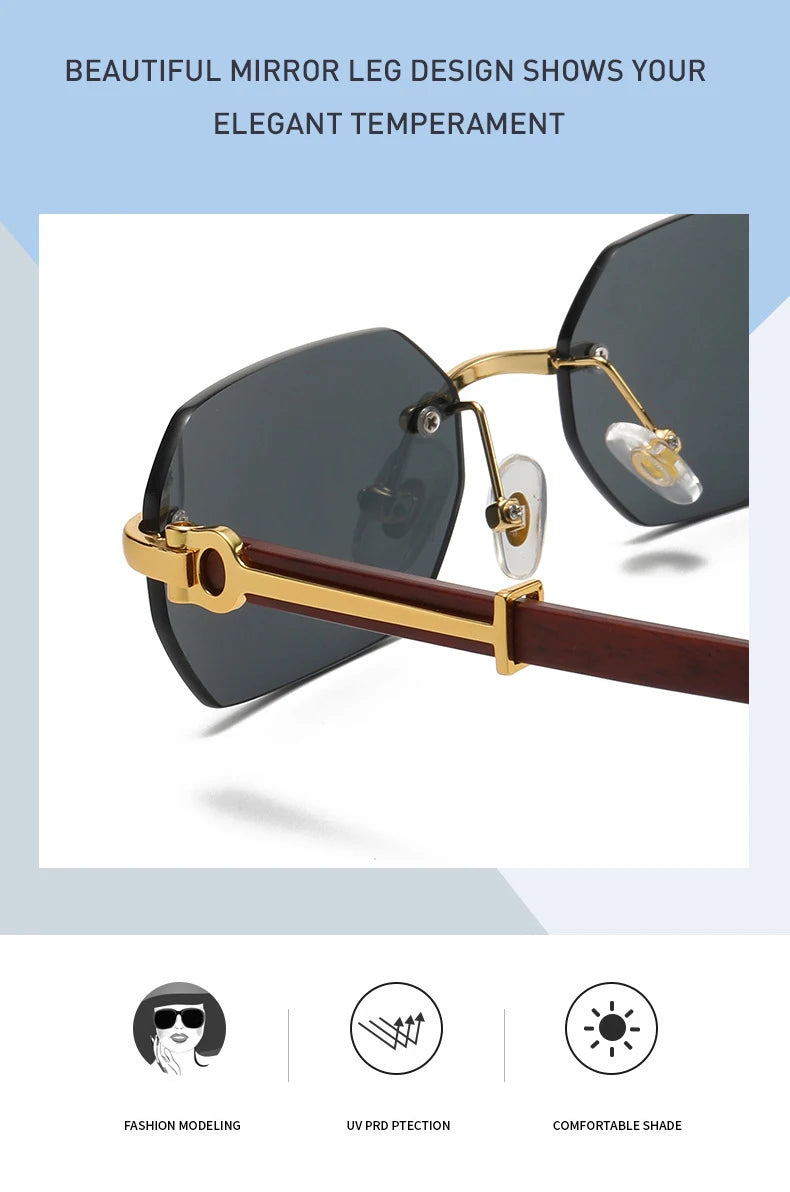 Gafas de Sol Retro Sin Montura Marco Madera - Rectangulares Vintage UV400