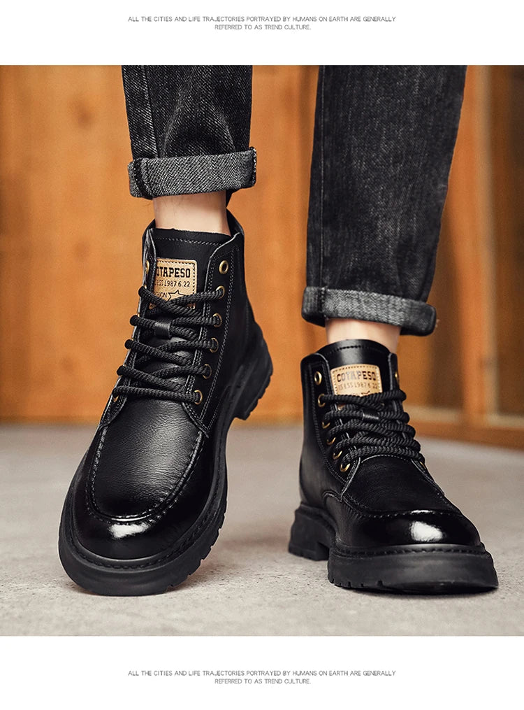 Botas Hombre Motocicleta Outdoor - Botines Casual Plataforma Cordones Marrón Negro