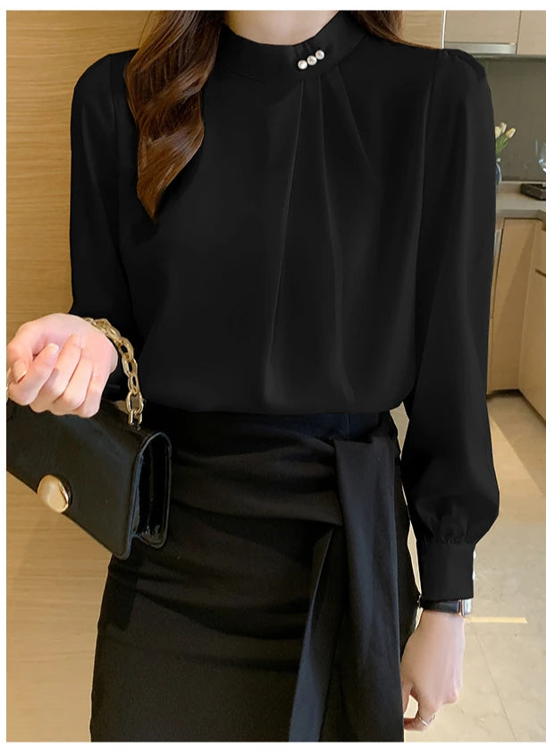 Blusa Satén Mujer Pedrería - Camisa Oficina Primavera Otoño 2025