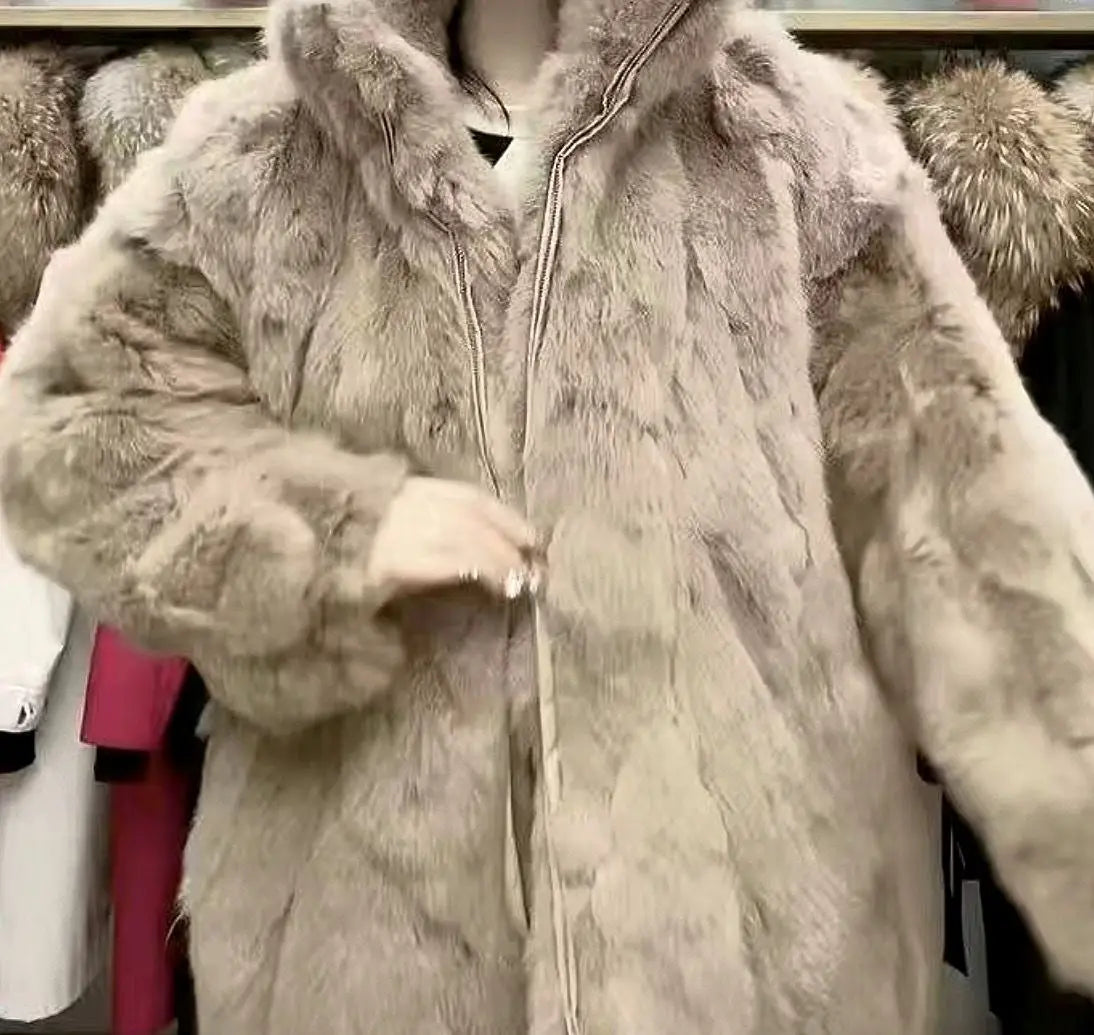 Abrigo Piel Conejo Rex Mujer - Abrigo Largo Holgado Cremallera Invierno