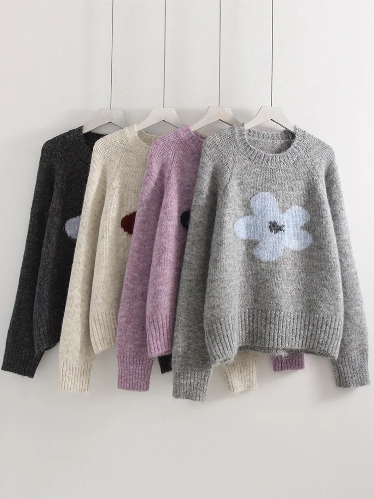 Jersey Mujer Invierno Flores Gris - Punto Holgado Cálido Vintage