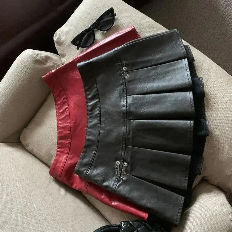 Falda Piel Plisada Mujer Mini - Falda Cuero PU Cintura Alta Roja Negra