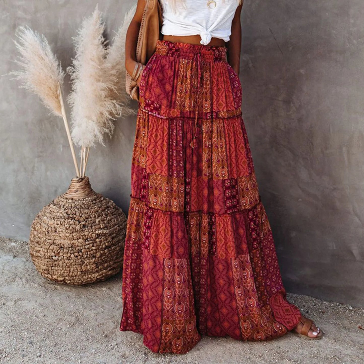 Falda Bohemia Mujer Larga Estampada - Falda Cintura Elástica Bolsillos Primavera