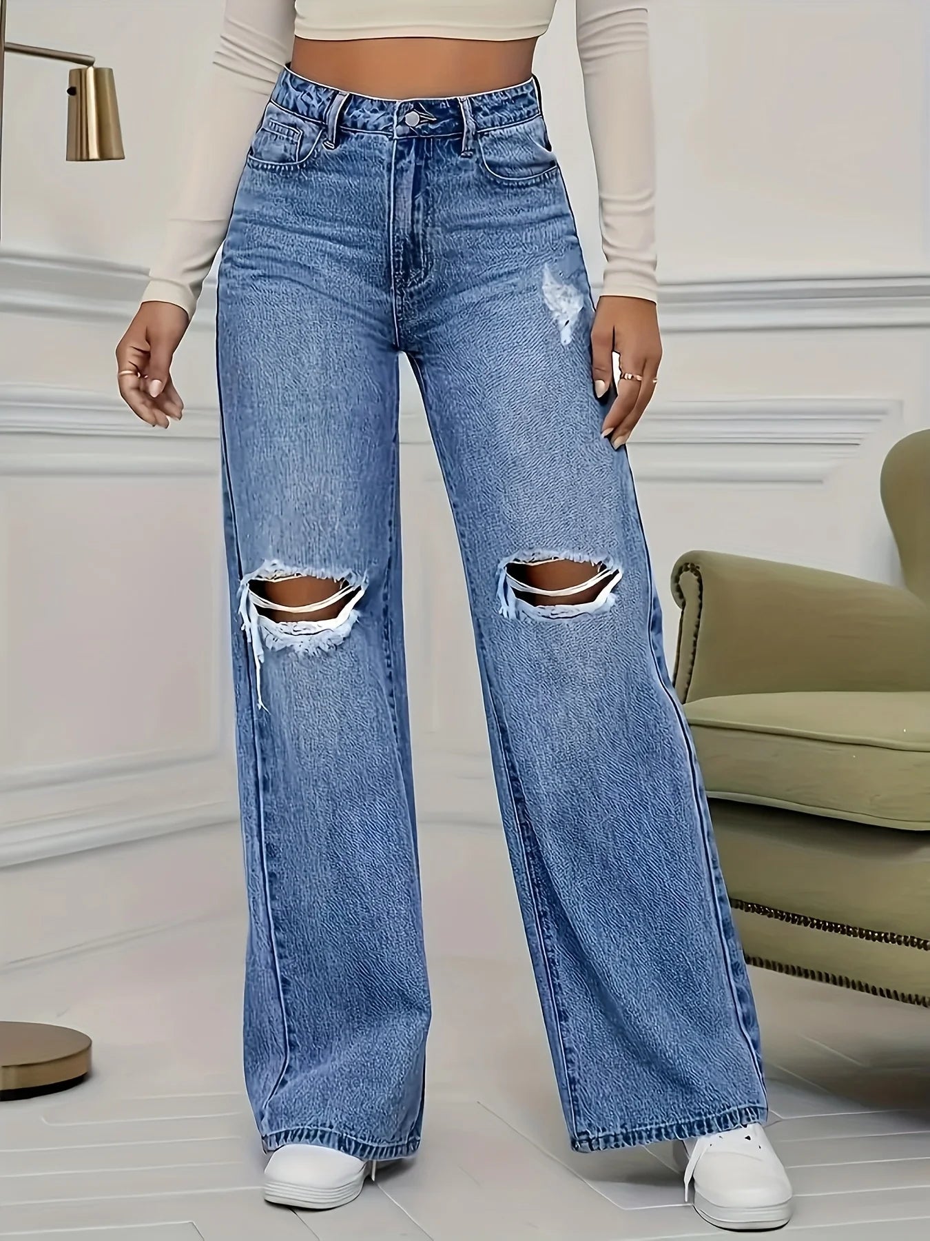 Vaqueros Mujer Pierna Recta Rotos - Jeans Cintura Alta Casual