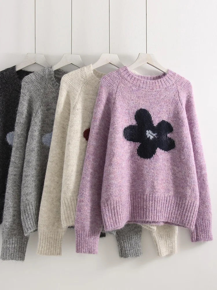 Jersey Mujer Invierno Flores Gris - Punto Holgado Cálido Vintage