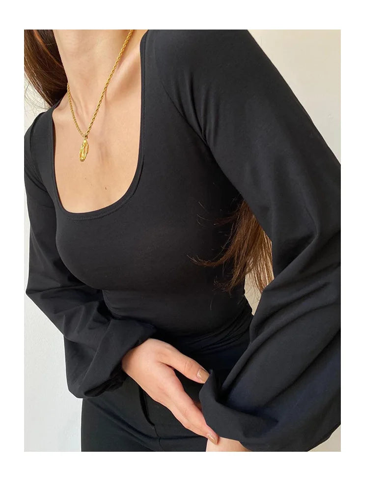 Blusa Negra Mujer Elegante - Top Manga Farol Cuello Cuadrado 2024