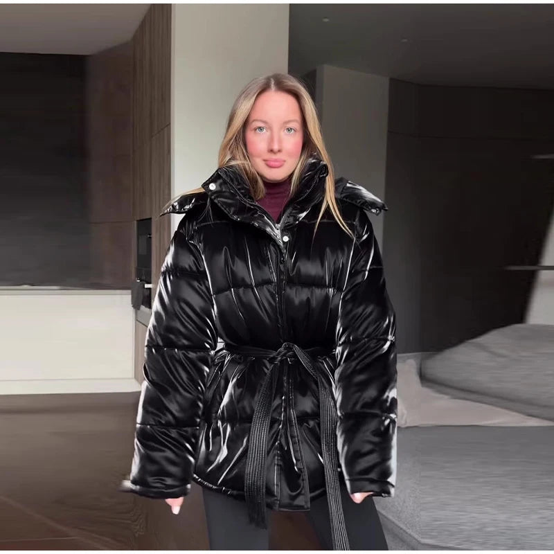 Abrigo Mujer Vintage Brillante - Abrigo Capucha Acolchado Cuello Alto 2025