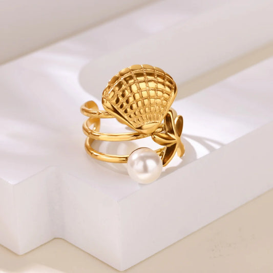 Anillo Geométrico Concha Mujer - Acero Inoxidable Dorado Vintage 2025