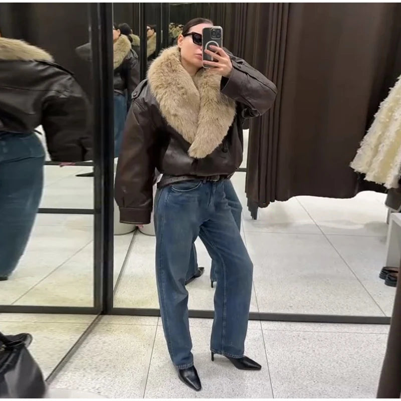 Chaqueta Mujer Elegante PU Piel - Chaqueta Solapa Doble Botón 2025