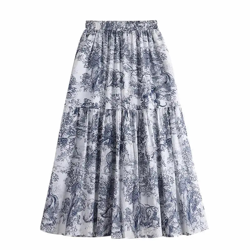 Falda Chiffon Mujer Estampada Antigua - Falda Línea A Cintura Alta Primavera 2025