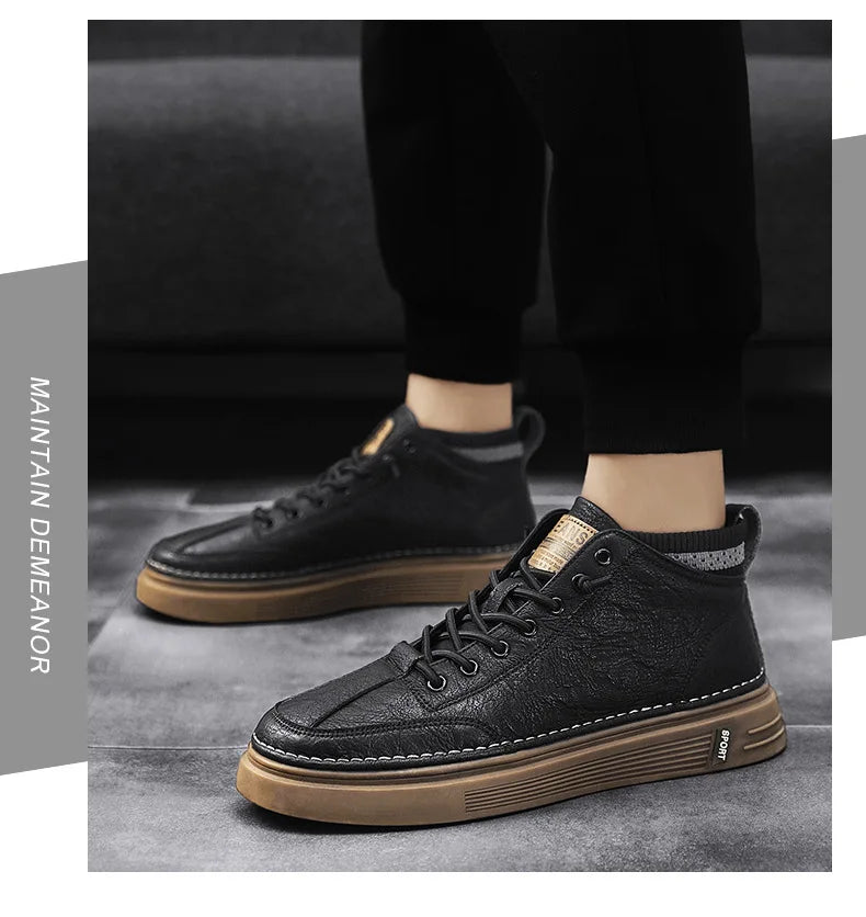 Zapatos Hombre Cuero Casual 2023 - Negros High-Top Sneakers Platform Botines Tobillo Tenis Masculino