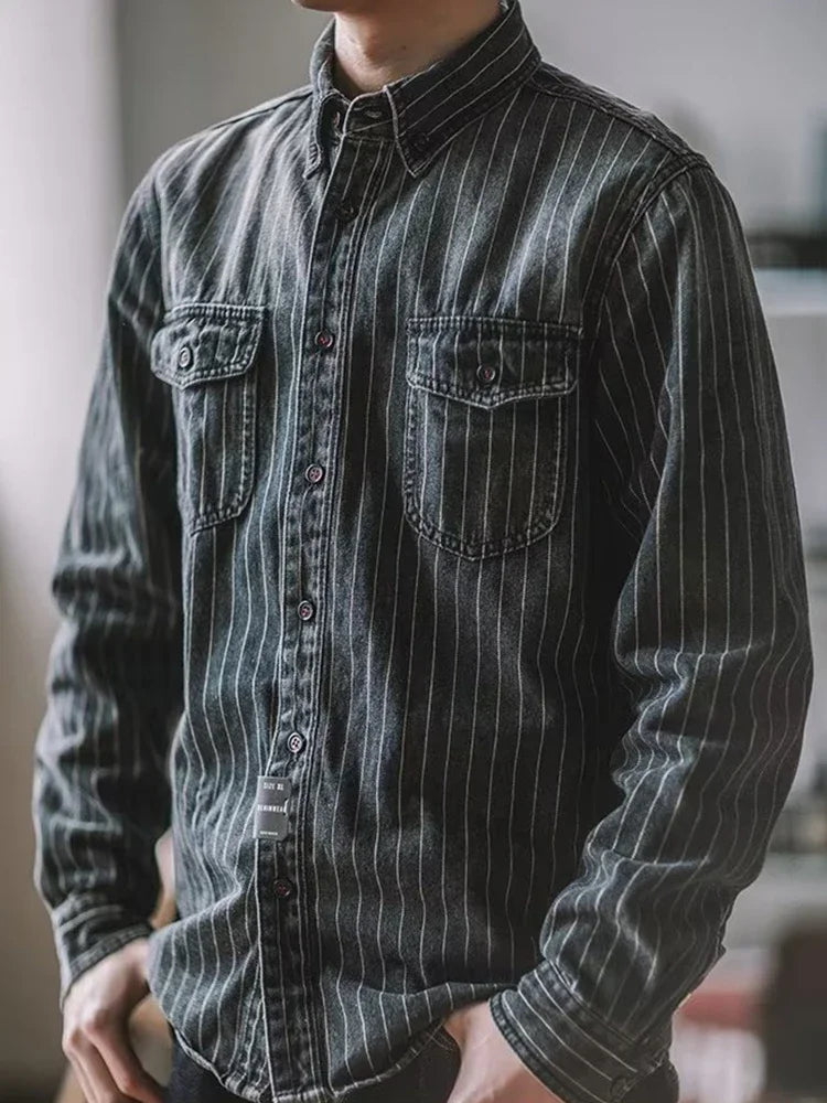 Camisa Denim Hombre Streetwear 2025 Primavera - Manga Larga Rayas Cargo Casual