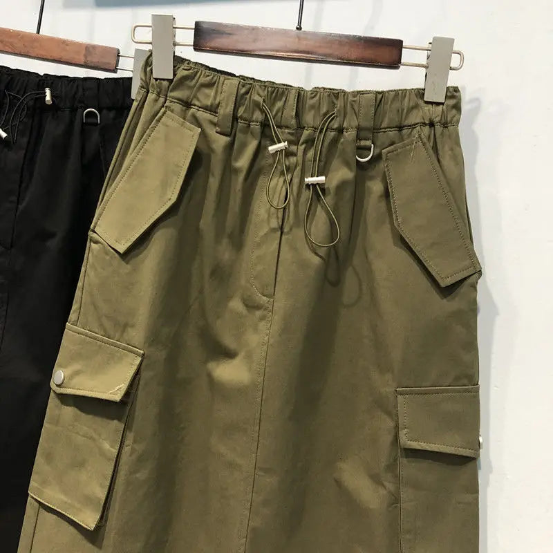 Falda Cargo Mujer Y2K Larga - Falda Bolsillos Cintura Elástica Negra
