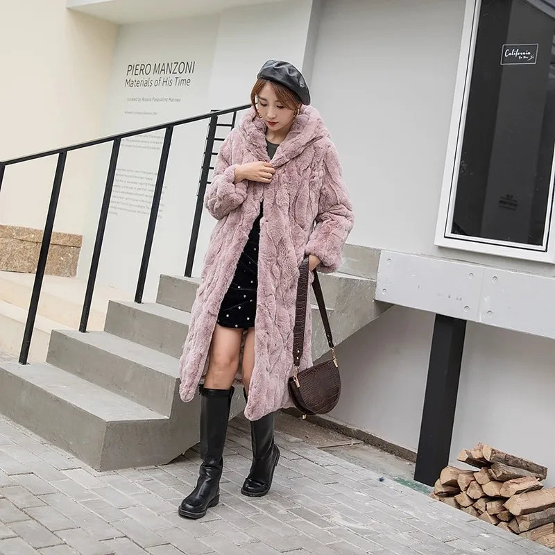 Abrigo Piel Conejo Mujer Capucha - Abrigo Real 110cm Largo Invierno