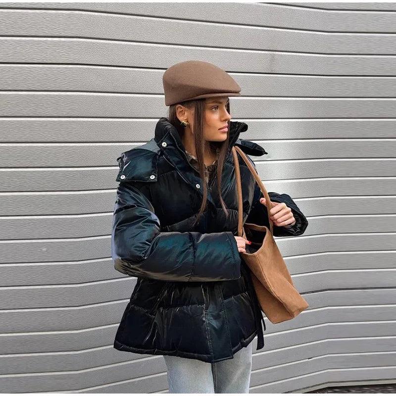 Abrigo Mujer Vintage Brillante - Abrigo Capucha Acolchado Cuello Alto 2025