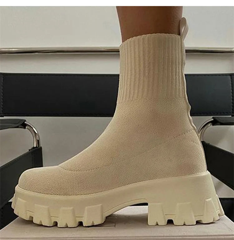 Botas Cortas Mujer Punto Plataforma - Tacón Otoño Invierno Blancas