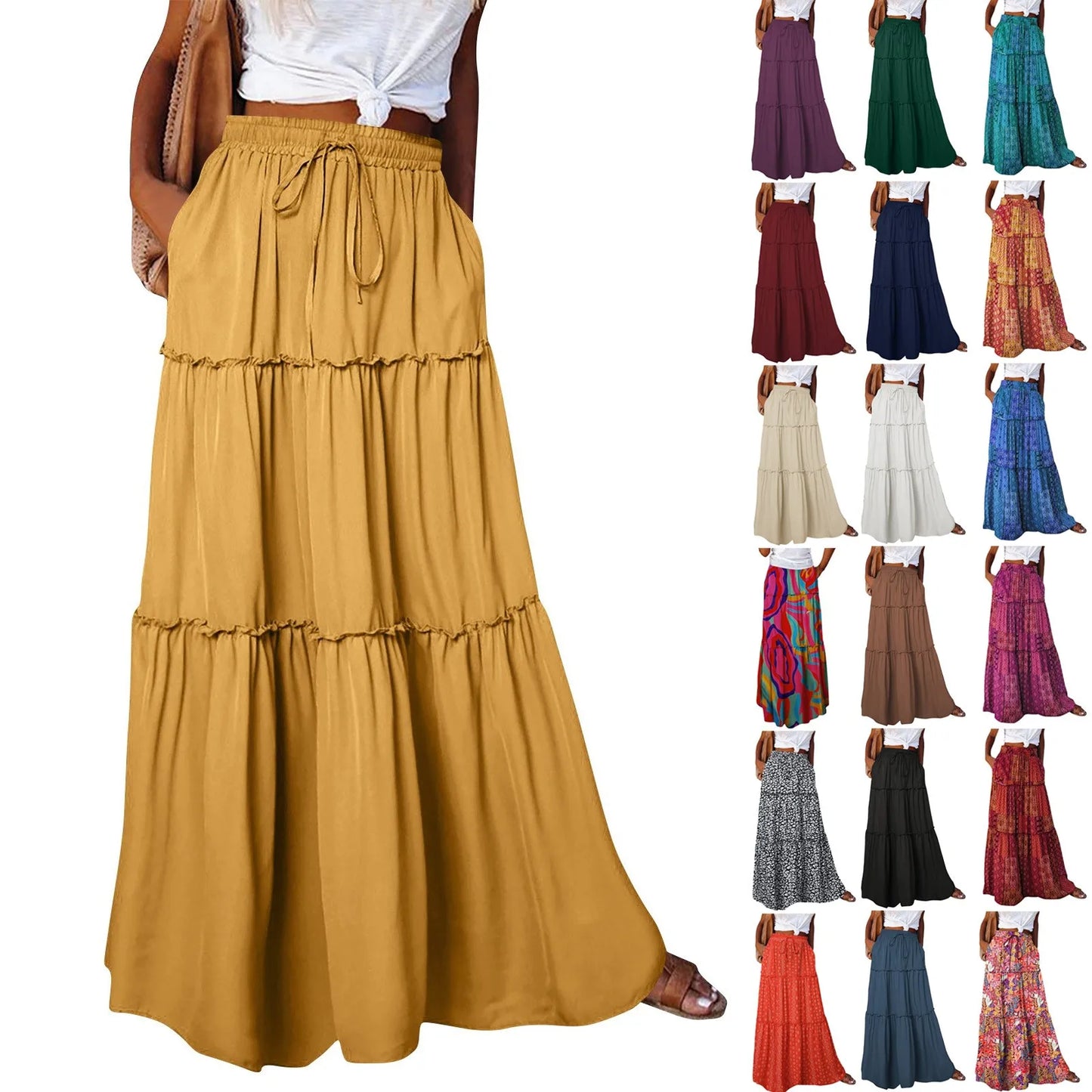 Falda Bohemia Mujer Larga Estampada - Falda Cintura Elástica Bolsillos Primavera